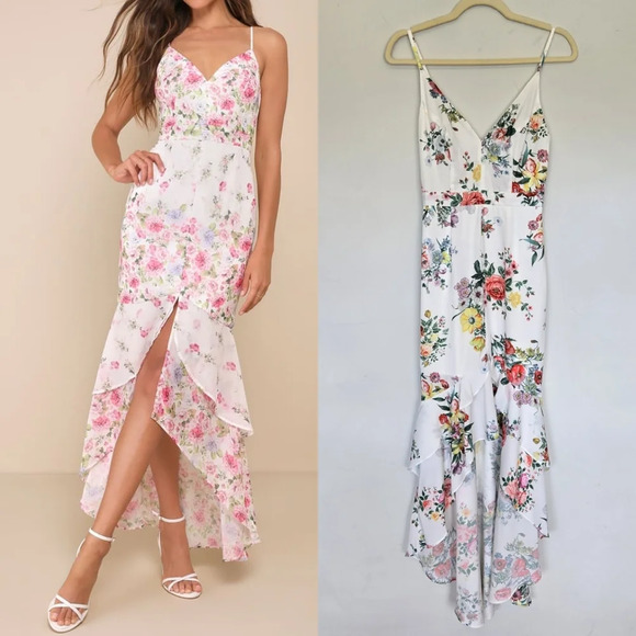 a.peach Dresses & Skirts - A.peach White Floral High-Low Ruffle Dress Strappy S Fairy Whimsical Coquette